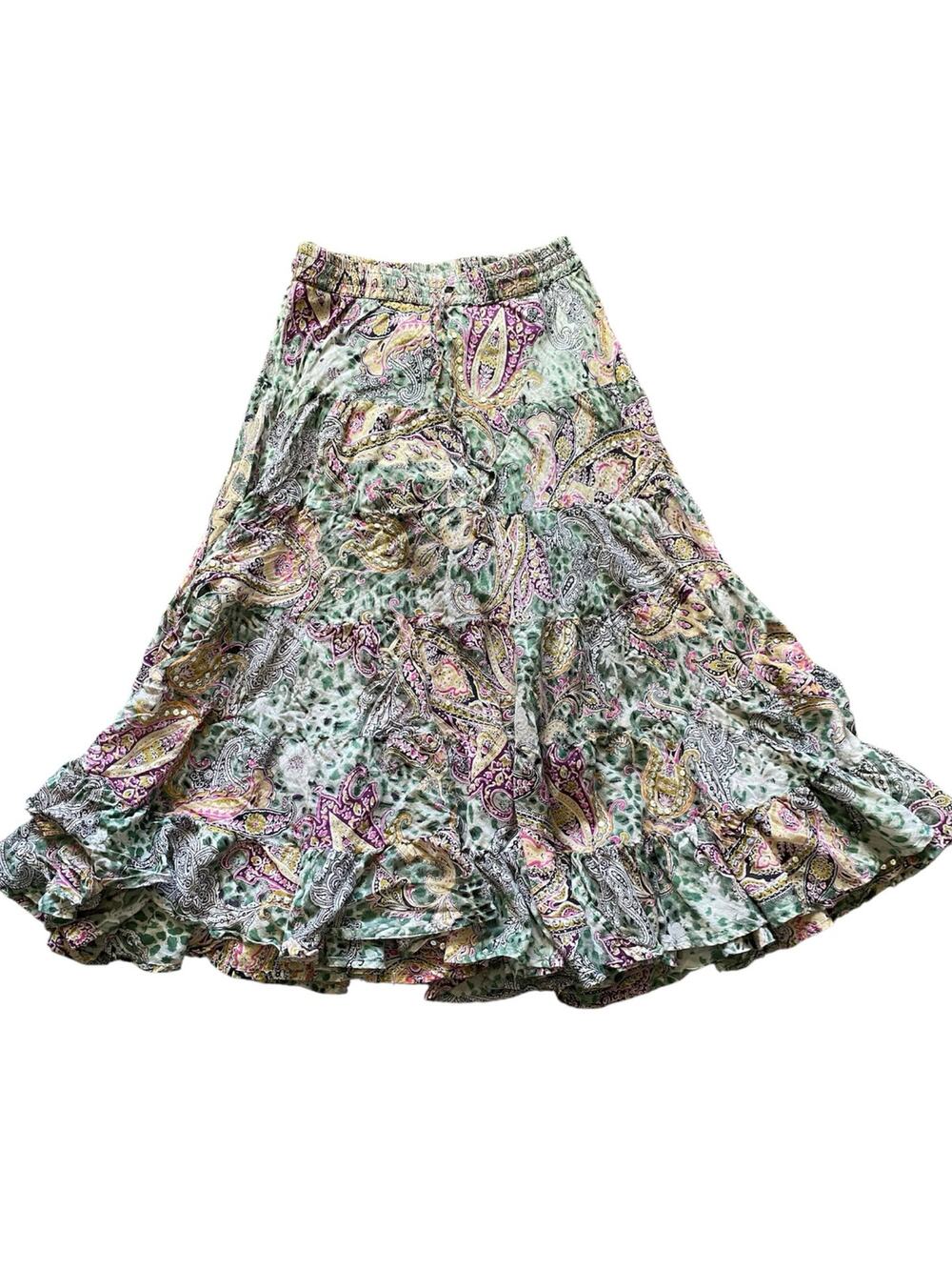 SIlver Stream Paisley Print Flowy Boho Hippie Sequin Cotton Pull On Maxi Skirt